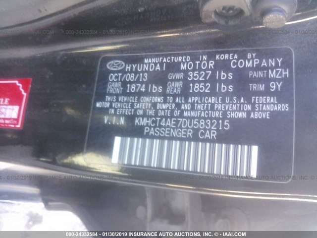 KMHCT4AE7DU583215 - 2013 HYUNDAI ACCENT GLS/GS BLACK photo 9