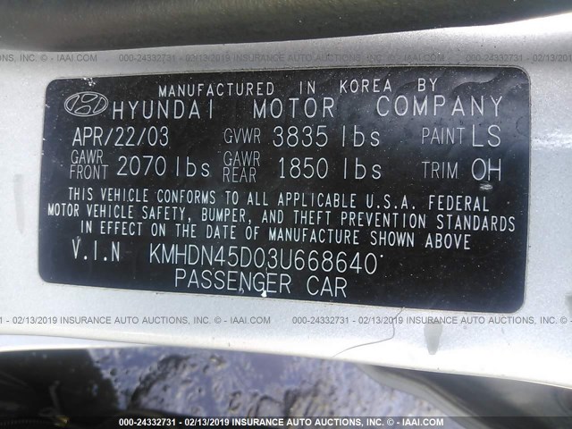 KMHDN45D03U668640 - 2003 HYUNDAI ELANTRA GLS/GT SILVER photo 9