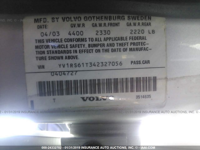 YV1RS61T342327056 - 2004 VOLVO S60 SILVER photo 9