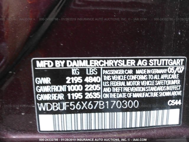 WDBUF56X67B170300 - 2007 MERCEDES-BENZ E 350 MAROON photo 9