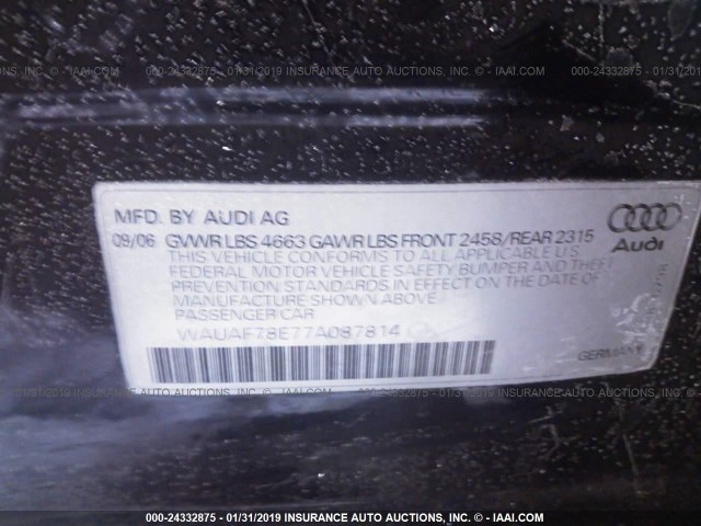 WAUAF78E77A087814 - 2007 AUDI A4 2/TURBO BLACK photo 9