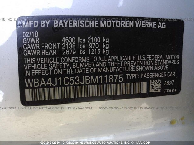 WBA4J1C53JBM11875 - 2018 BMW 430I GRAN COUPE SILVER photo 9