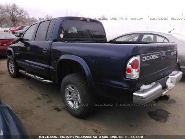 1B7HG48X62S626232 - 2002 DODGE DAKOTA QUAD SLT Dark Blue photo 3