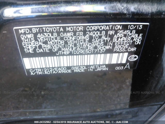 JTHBF1D29E5017137 - 2014 LEXUS IS 250 BLACK photo 9