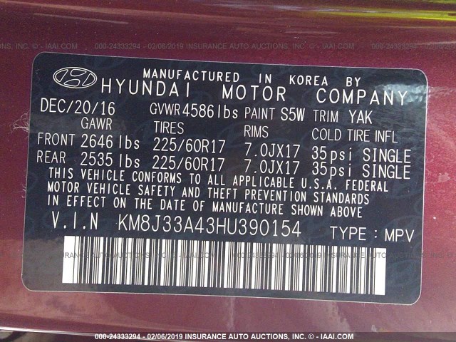 KM8J33A43HU390154 - 2017 HYUNDAI TUCSON LIMITED/SPORT AND ECO/SE RED photo 9
