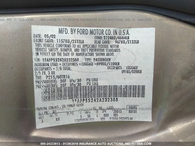 1FAFP55242A232388 - 2002 FORD TAURUS SES TAN photo 9