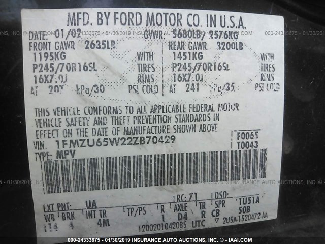 1FMZU65W22ZB70429 - 2002 FORD EXPLORER LIMITED BLACK photo 9