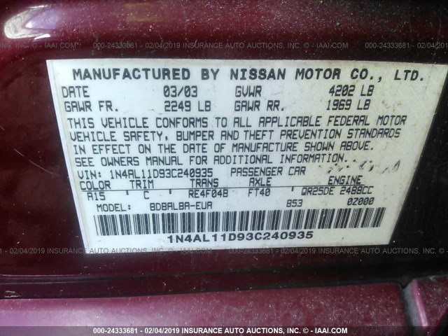 1N4AL11D93C240935 - 2003 NISSAN ALTIMA S/SL RED photo 9