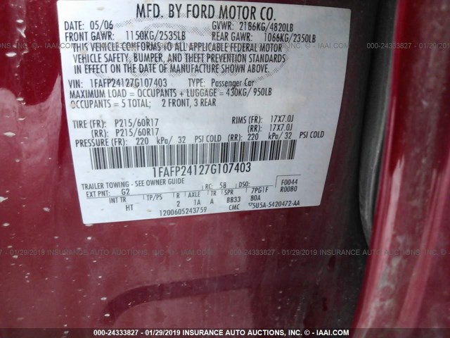 1FAFP24127G107403 - 2007 FORD FIVE HUNDRED SEL RED photo 9