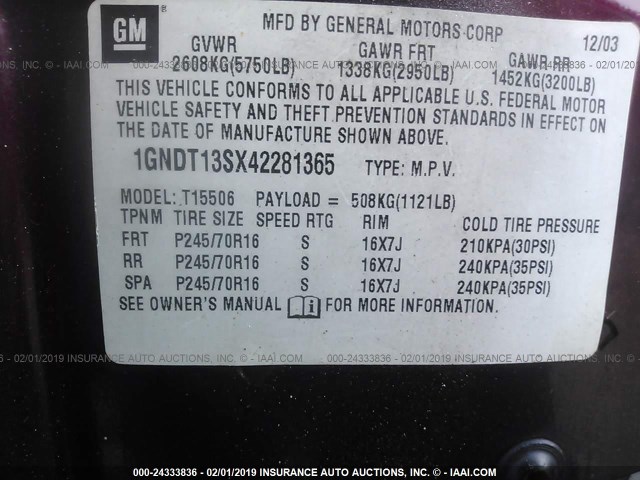 1GNDT13SX42281365 - 2004 CHEVROLET TRAILBLAZER LS/LT MAROON photo 9