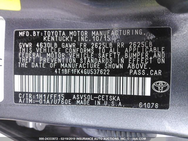4T1BF1FK4GU537622 - 2016 TOYOTA CAMRY LE/XLE/SE/XSE SILVER photo 9