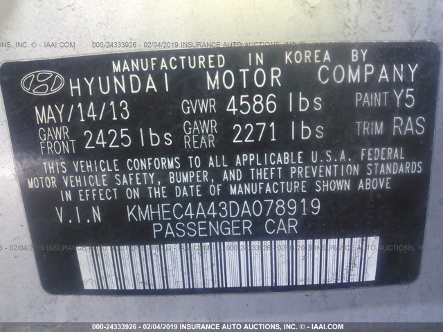 KMHEC4A43DA078919 - 2013 HYUNDAI SONATA HYBRID SILVER photo 9