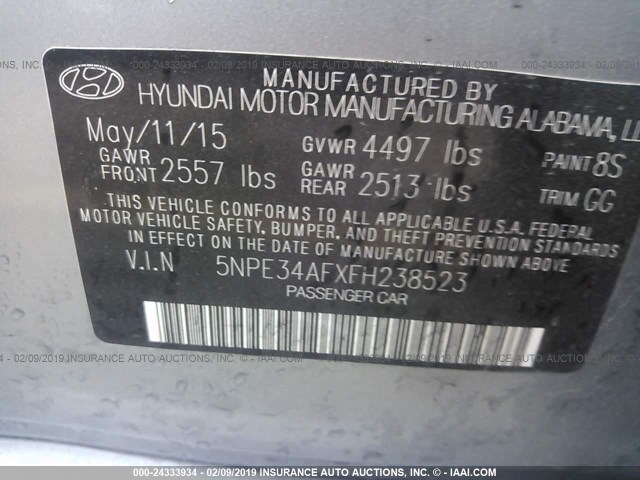 5NPE34AFXFH238523 - 2015 HYUNDAI SONATA SPORT/LIMITED SILVER photo 9