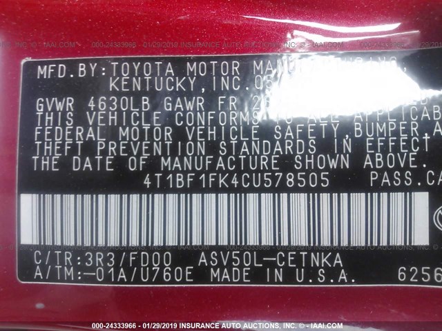 4T1BF1FK4CU578505 - 2012 TOYOTA CAMRY SE/LE/XLE RED photo 9