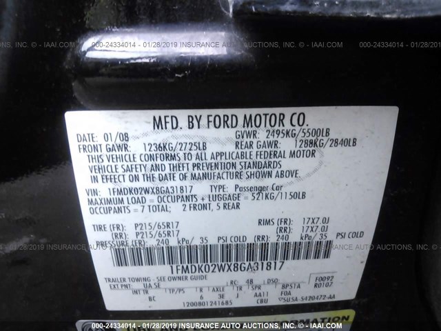 1FMDK02WX8GA31817 - 2008 FORD TAURUS X SEL BLACK photo 9