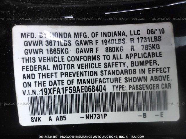 19XFA1F59AE068404 - 2010 HONDA CIVIC LX BLACK photo 9