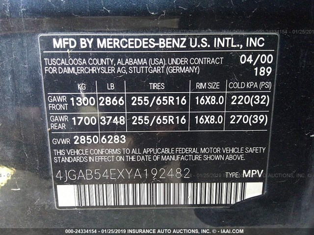 4JGAB54EXYA192482 - 2000 MERCEDES-BENZ ML 320 BLUE photo 9