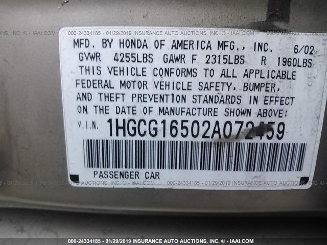 1HGCG16502A072459 - 2002 HONDA ACCORD GOLD photo 9