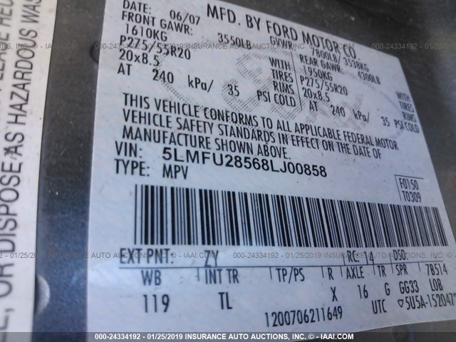 5LMFU28568LJ00858 - 2008 LINCOLN NAVIGATOR SILVER photo 9