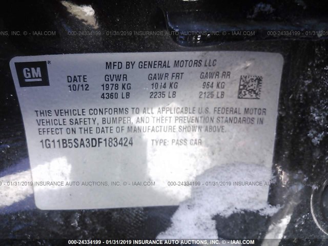1G11B5SA3DF183424 - 2013 CHEVROLET MALIBU LS BLACK photo 9