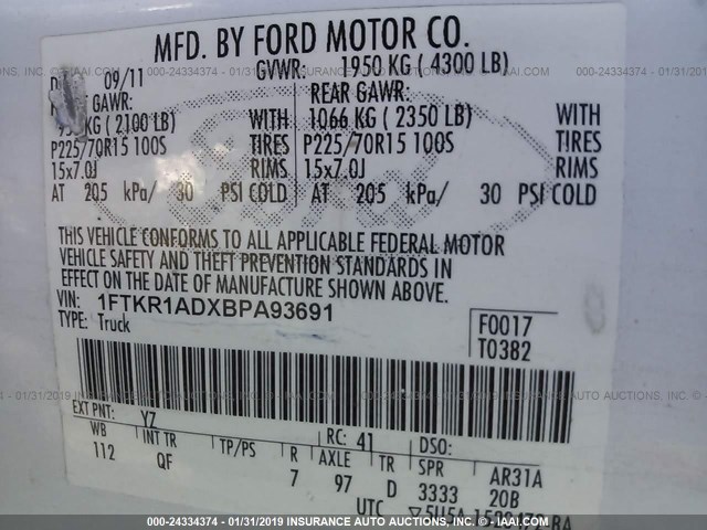 1FTKR1ADXBPA93691 - 2011 FORD RANGER WHITE photo 9