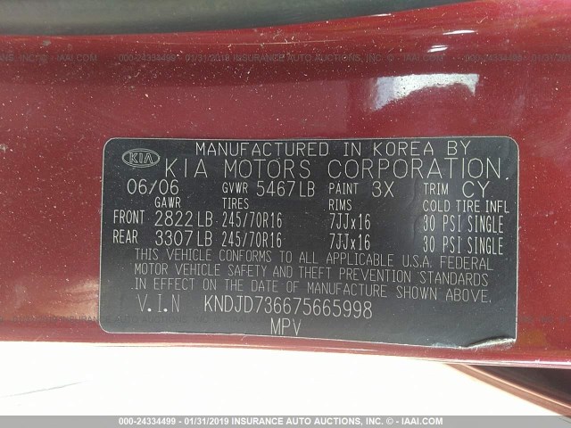 KNDJD736675665998 - 2007 KIA SORENTO EX/LX RED photo 9