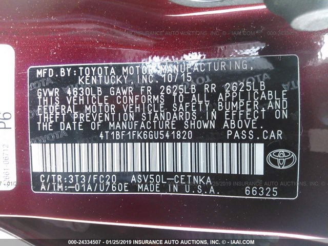 4T1BF1FK6GU541820 - 2016 TOYOTA CAMRY LE/XLE/SE/XSE RED photo 9