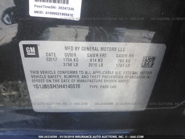 1G1JB5SH3H4145576 - 2017 CHEVROLET SONIC LS GRAY photo 9
