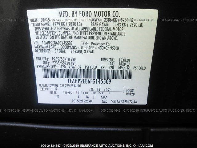 1FAHP2E86FG145509 - 2015 FORD TAURUS SEL GRAY photo 9