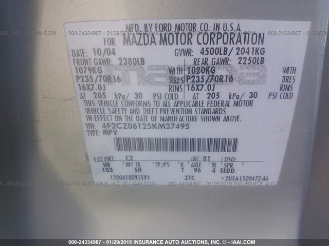 4F2CZ06125KM37495 - 2005 MAZDA TRIBUTE S SILVER photo 9