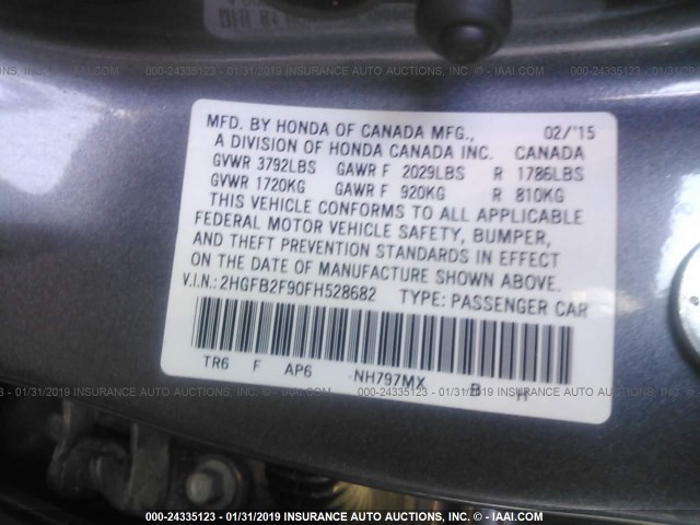 2HGFB2F90FH528682 - 2015 HONDA CIVIC EXL GRAY photo 9