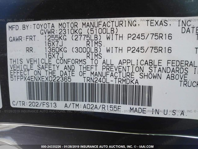 5TFPX4ENXEX022365 - 2014 TOYOTA TACOMA BLACK photo 9