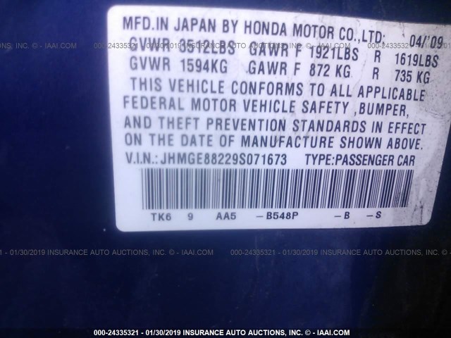 JHMGE88229S071673 - 2009 HONDA FIT BLUE photo 9