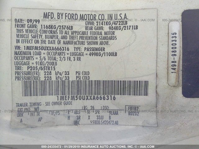 1MEFM50UXXA666316 - 1999 MERCURY SABLE GS WHITE photo 9