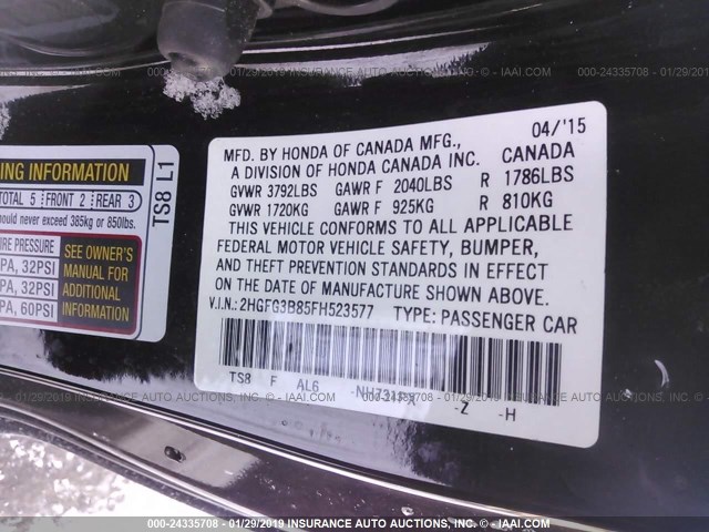 2HGFG3B85FH523577 - 2015 HONDA CIVIC EX BLACK photo 9