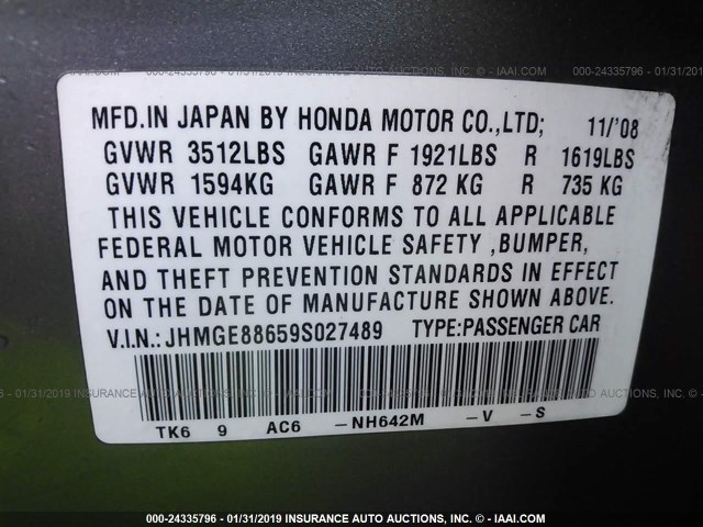 JHMGE88659S027489 - 2009 HONDA FIT SPORT GRAY photo 9