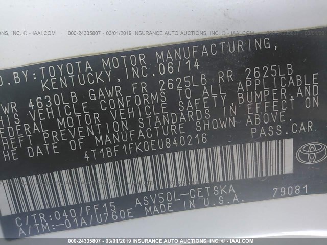 4T1BF1FK0EU840216 - 2014 TOYOTA CAMRY L/SE/LE/XLE 白色 照片 9