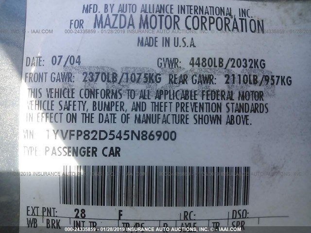 1YVFP82D545N86900 - 2004 MAZDA 6 S BLUE photo 9