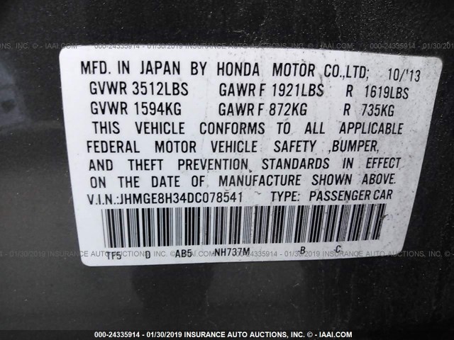 JHMGE8H34DC078541 - 2013 HONDA FIT GRAY photo 9