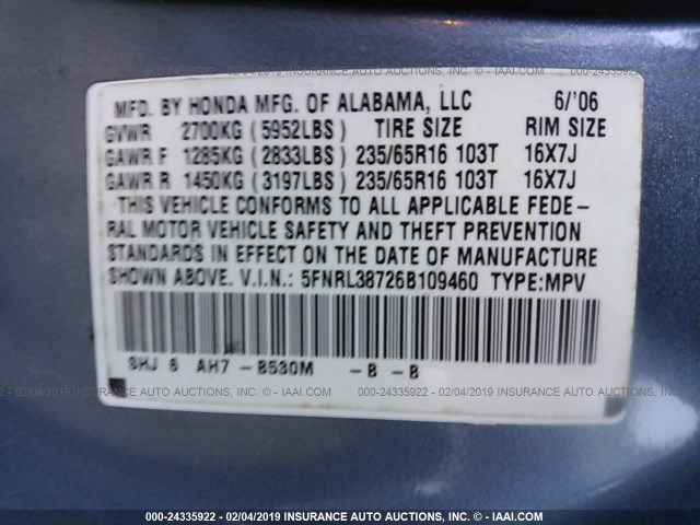 5FNRL38726B109460 - 2006 HONDA ODYSSEY EXL BLUE photo 9