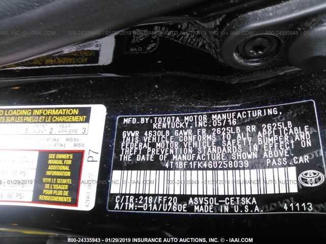4T1BF1FK4GU258039 - 2016 TOYOTA CAMRY LE/XLE/SE/XSE BLACK photo 9
