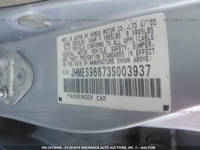 JHMES96673S003937 - 2003 HONDA CIVIC HYBRID BLUE photo 9