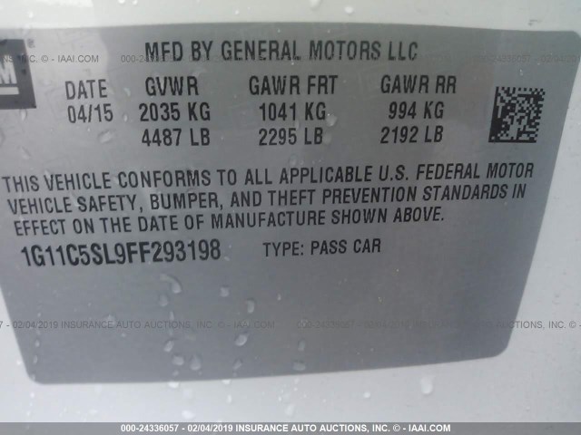 1G11C5SL9FF293198 - 2015 CHEVROLET MALIBU 1LT თეთრი ფოტო 9