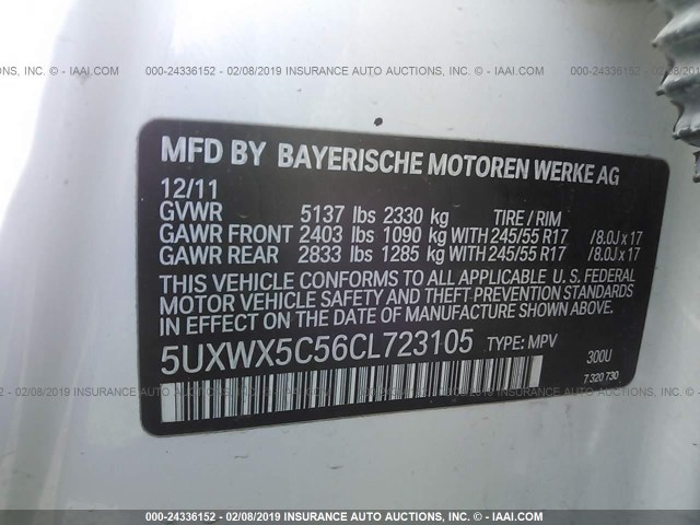 5UXWX5C56CL723105 - 2012 BMW X3 XDRIVE28I WHITE photo 9