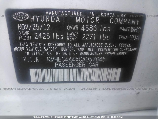 KMHEC4A4XCA057645 - 2012 HYUNDAI SONATA HYBRID WHITE photo 9