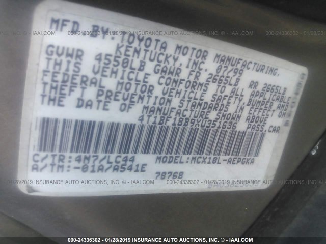 4T1BF18B9XU351636 - 1999 TOYOTA AVALON XL/XLS GRAY photo 9