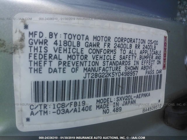 JT2BG22K5Y0498957 - 2000 TOYOTA CAMRY CE/LE/XLE SILVER photo 9