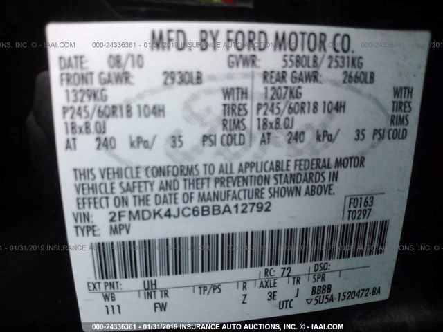 2FMDK4JC6BBA12792 - 2011 FORD EDGE SEL BLACK photo 9