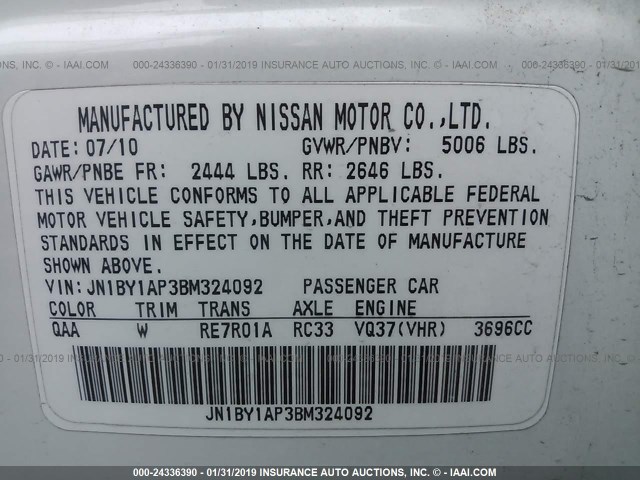 JN1BY1AP3BM324092 - 2011 INFINITI M37 WHITE photo 9