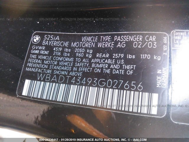 WBADT43493G027656 - 2003 BMW 525 I AUTOMATIC BLACK photo 9